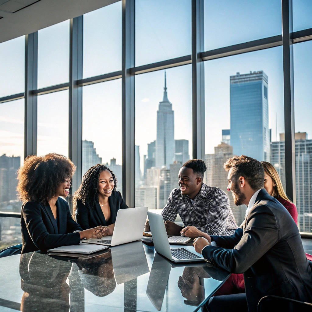 Onyx Amari leadership team discussing performance marketing strategy in a modern office